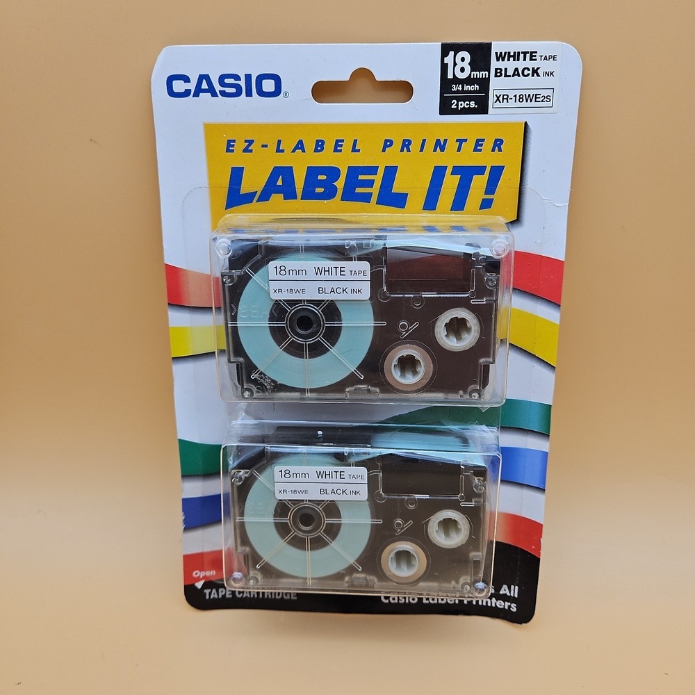 Casio XR-18WE2S EZ-Label Printer Label It! 18mm 3/4" Tape Cartridge 2 Pack
